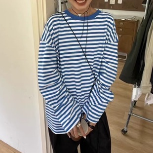 T恤女中长款 宽松显瘦百搭休闲条纹长袖 上衣潮 韩版 SANBARA2025新款