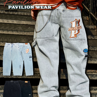 燕子亭原创浅蓝重磅美式复古牛仔裤 hiphop 街头bboy宽松肥大长裤