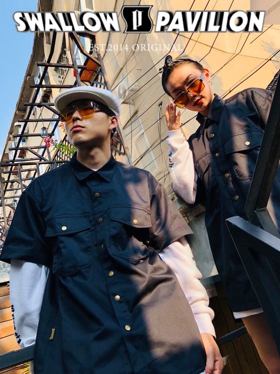 Hiphop复古宽松工装衬衣 短袖 原创嘻哈铜扣子西海岸说唱短款衬衣