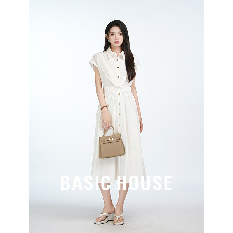 Basic House/百家好100棉法式白色高级感显瘦扭结衬衫连衣裙女夏