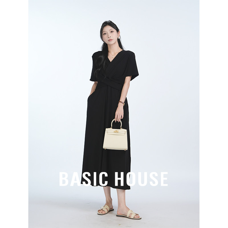 Basic House/百家好交叉扭结设计连衣裙夏赫本风收腰显瘦气质长裙