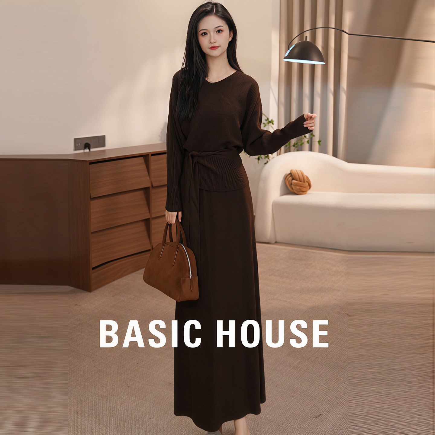 Basic House/百家好2026秋冬季遮肉针织套装裙连衣裙子女长裙套装