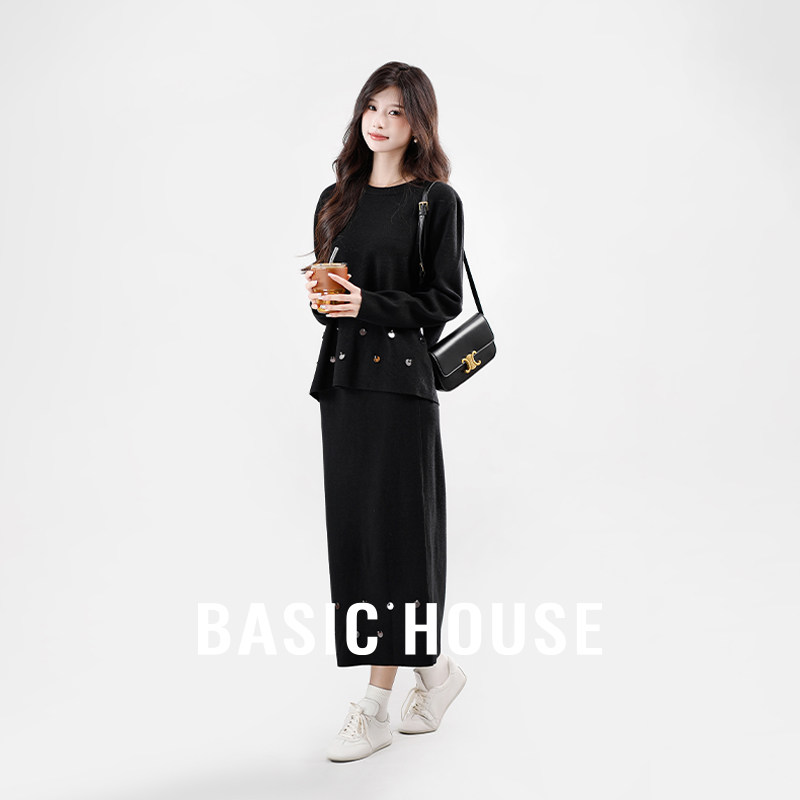 Basic House/百家好千金感贵气针织亮片毛衣半身裙两件套装女秋季