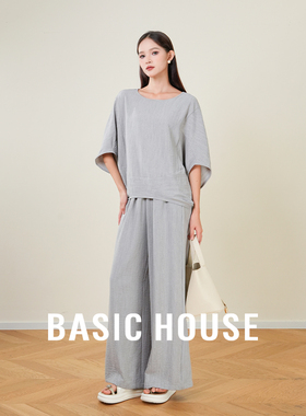 Basic House/百家好 灰色蝙蝠袖上衣两件套装女慵懒休闲通勤套装