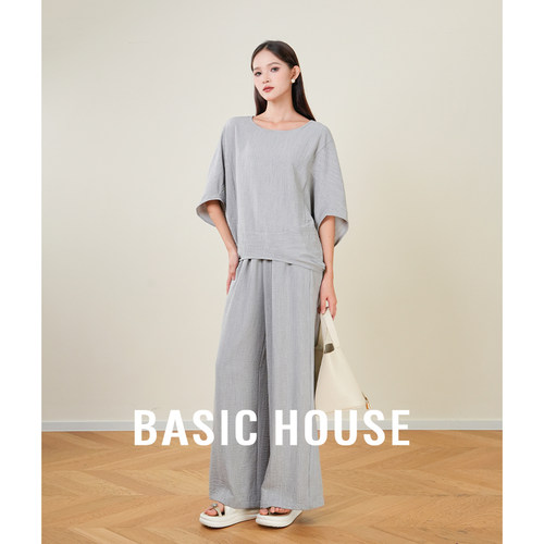 Basic House/百家好 灰色蝙蝠袖上衣两件套装女慵懒休闲通勤套装
