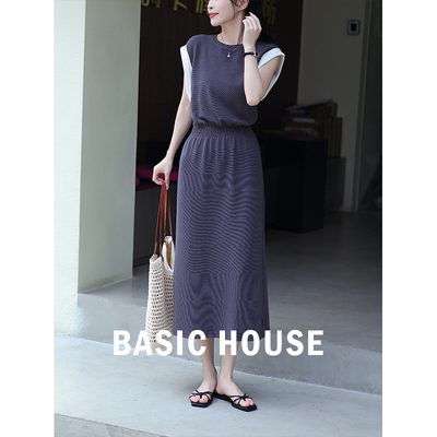 Basic House/百家好 圆领拼接背心连衣裙女夏季无袖小个子长裙子