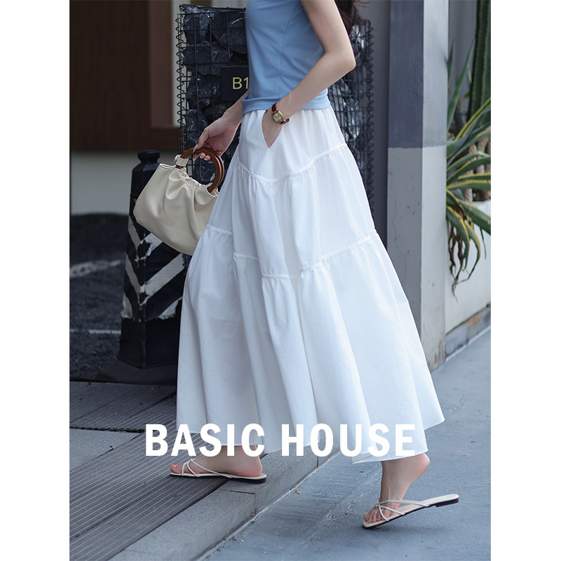 Basic House/百家好 白色半身裙女夏季高腰长款a字裙小个子蛋糕裙