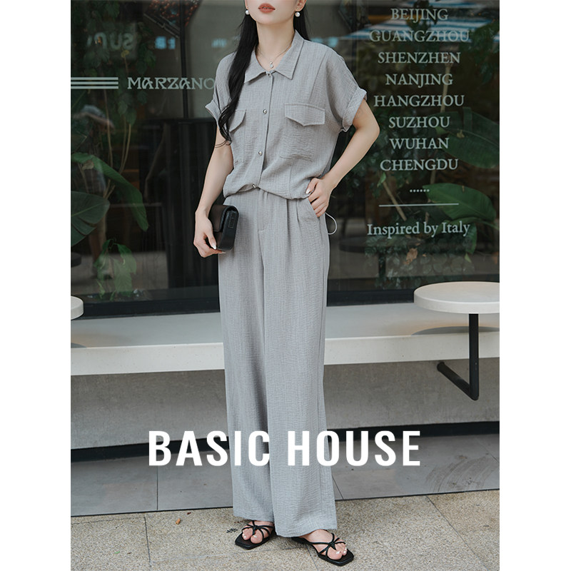 Basic House/百家好 灰色衬衫高级感韩里韩气阔腿裤两件套装女夏