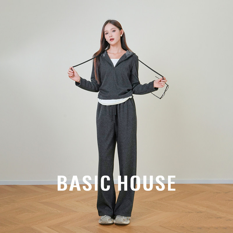 Basic House/百家好 假两件抽褶连帽上衣慵懒休闲风两件套装女