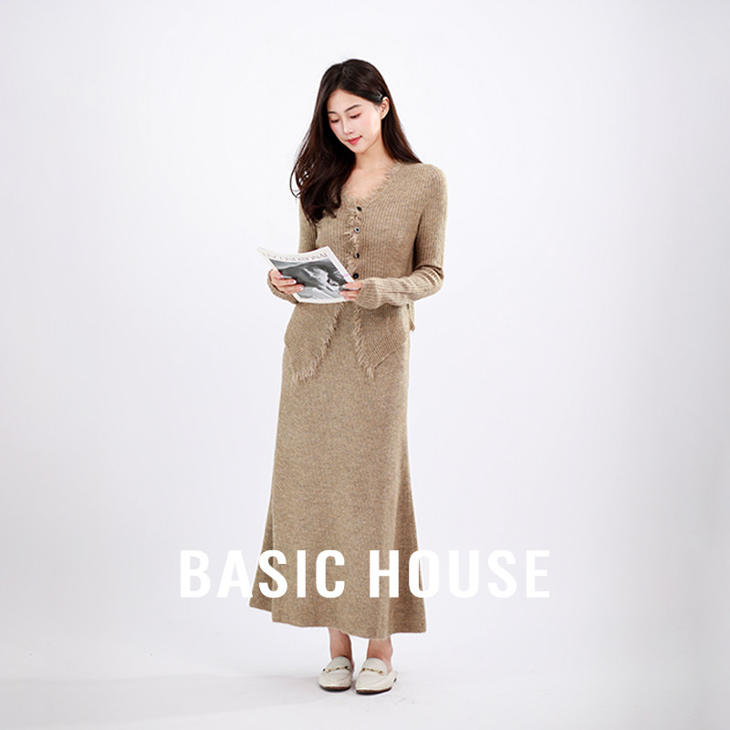 Basic House/百家好法式针织开衫半身裙两件套装裙女装秋季小个子