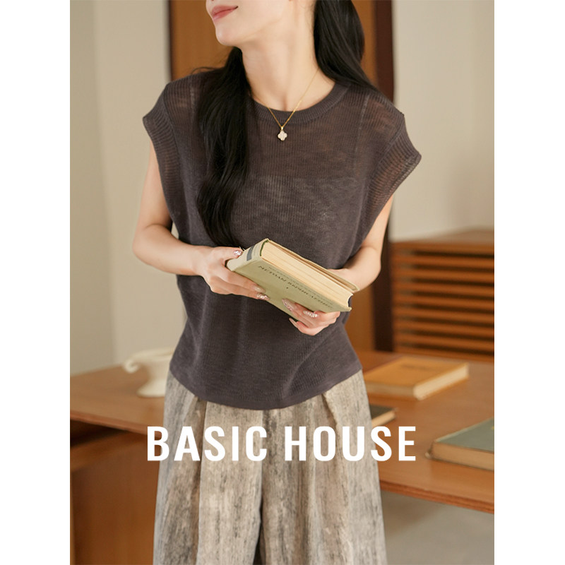Basic House/百家好短袖针织衫女夏季圆领气质百搭小众设计感上衣