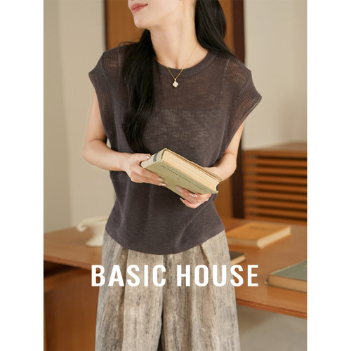 Basic House/百家好短袖针织衫女夏季圆领气质百搭小众设计感上衣