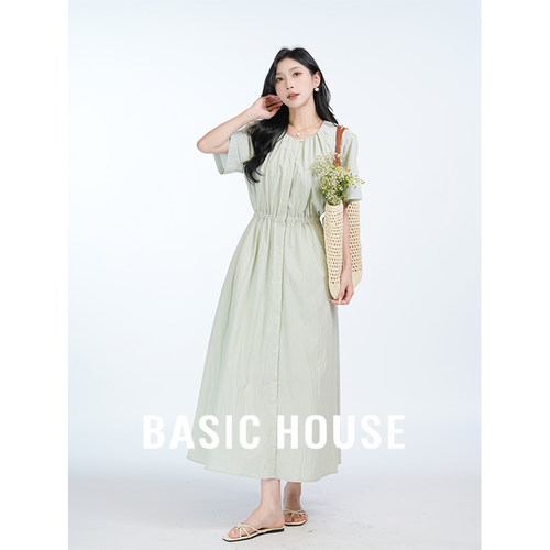 Basic House/百家好 莱赛尔法式浅绿连衣裙女夏方领抽绳收腰裙子