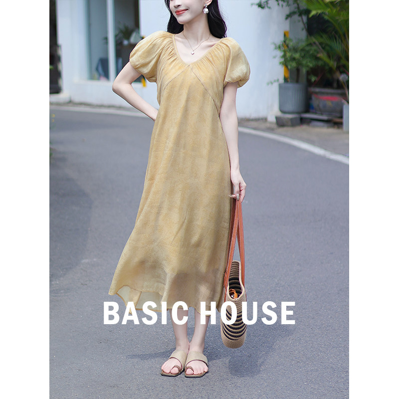 Basic House/百家好 法式V领泡泡袖印花连衣裙女夏夏日漂亮小裙子 - 实物图