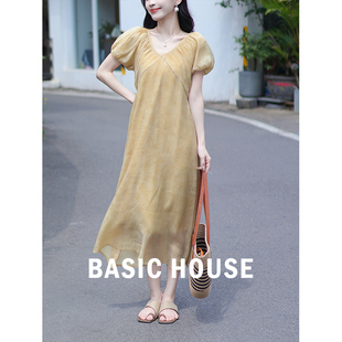 V领泡泡袖 Basic 法式 百家好 印花连衣裙女夏夏日漂亮小裙子 House