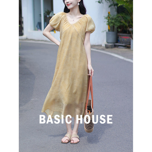 Basic House/百家好 法式V领泡泡袖印花连衣裙女夏夏日漂亮小裙子