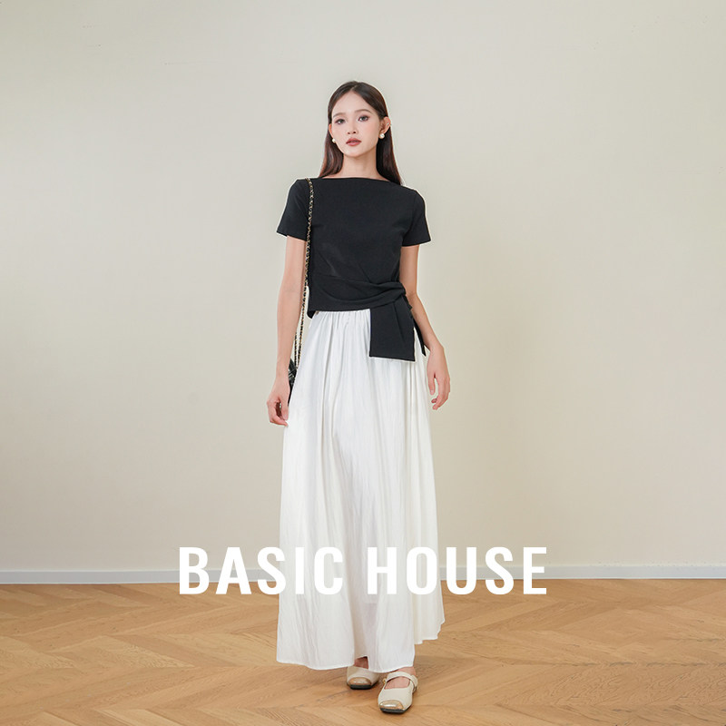 Basic House/百家好 一字领不规则绑带T恤女夏韩系小众别致上衣