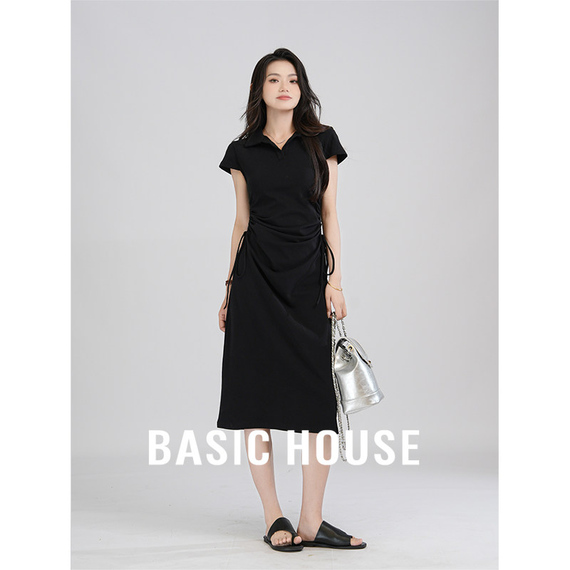 Basic House/百家好 巨好看的掐腰连衣裙女气质POLO领抽褶显瘦裙