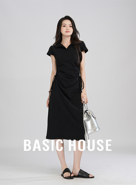 Basic House/百家好巨好看的掐腰连衣裙子女气质POLO领抽褶显瘦裙