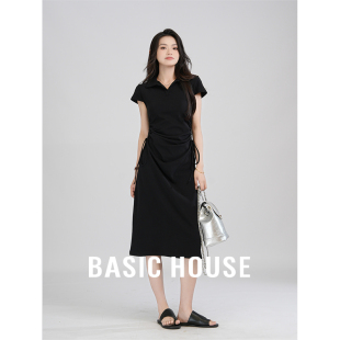 Basic House/百家好巨好看的掐腰连衣裙子女气质POLO领抽褶显瘦裙