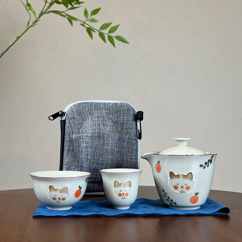 草木灰手绘猫咪釉下彩一壶二杯快客杯布包便捷旅行功夫茶具中式,餐饮具,旅行茶具,淘宝优惠券,粉丝福利购,淘宝优惠卷