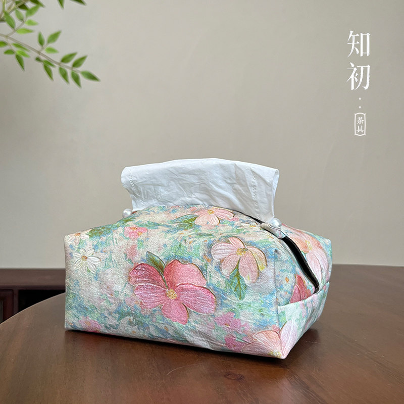 知初织锦布艺莫奈花园纸巾盒简约创意收纳套抽纸盒中式茶道配件