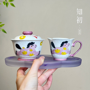 知初手绘马上有钱盖碗一杯功夫茶具套装一人饮高颜值釉下彩新中式