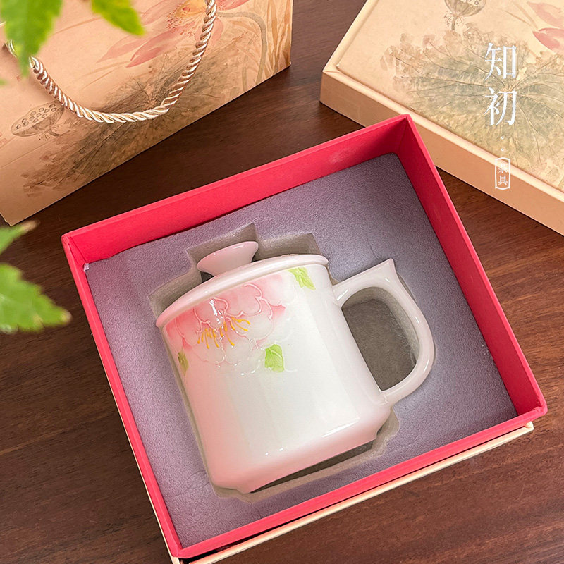 璞玉白瓷手绘牡丹办公杯三件套家用陶瓷功夫茶具釉下彩国风泡茶杯