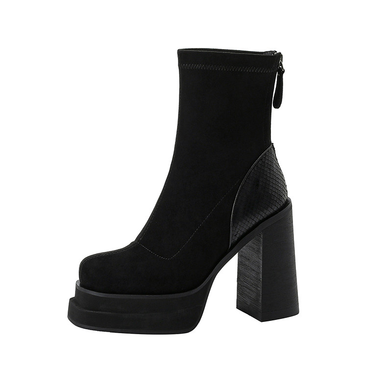 EUROPEAN AND AMERICAN PLATFORM HIGH HEELS BLOCK HEEL BOOTS PLATFORM WOMENS BOOTS SMALL ELASTIC BOOTS SKINNY BOOTS HIGH HEEL BOOTS 12CM