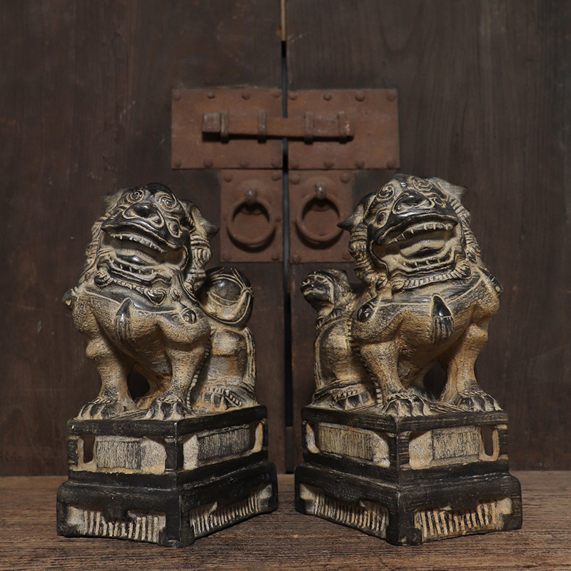 仿古石雕青石复古雌雄狮子一对中式案头茶席装饰摆件文玩收藏包邮