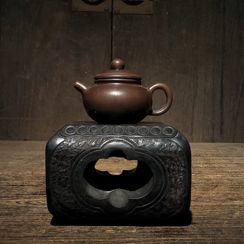 仿古石雕山西青石民俗怀旧镂空梅花石鼓壶座杯垫把玩居家文玩收藏