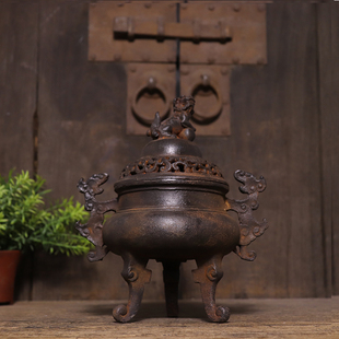 仿古铁器纯铁狮子双耳三足 熏香炉 古法工艺中式会所古典装饰摆件
