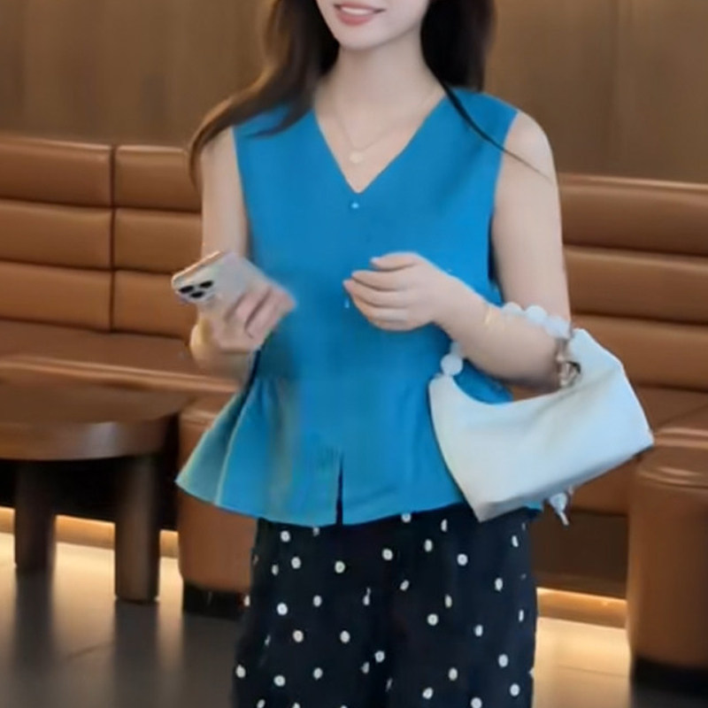 韩系无袖V领荷叶边显瘦通勤衬衫