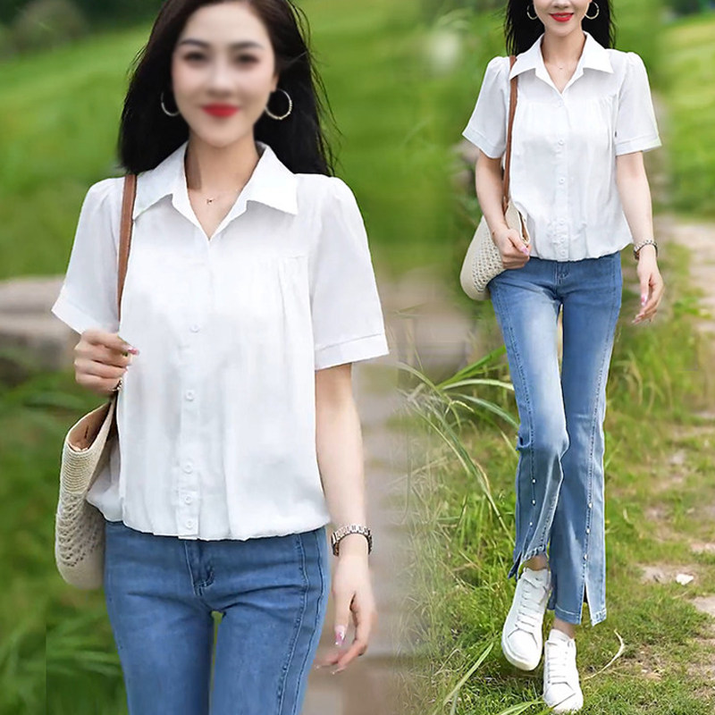夏季通勤白色褶皱POLO领衬衫女