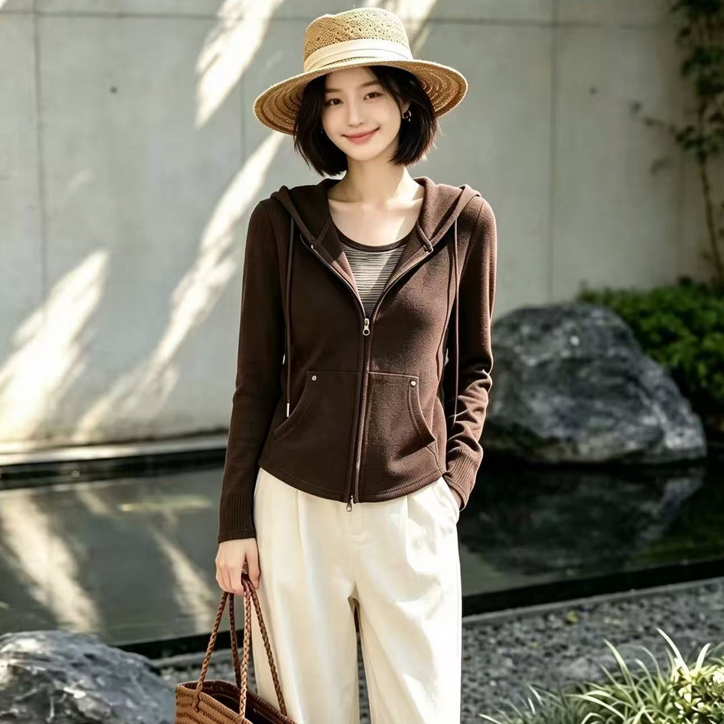 早秋假两件外套女春秋卫衣连帽衫短款外穿百搭宽松单穿棕咖色上衣