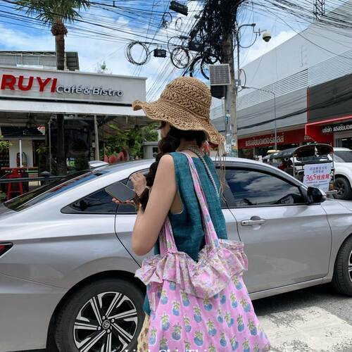 复古蓝菊粉底布袋百搭单肩花女包