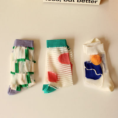 无骨缝合 夏季日系透气条纹玻璃丝袜子女薄款拼色缕空棉底中筒袜