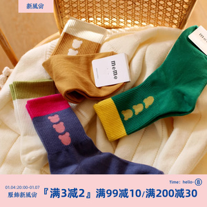 可爱卡通小熊头像束腰袜子少女时尚双拼色纯色潮流ins纯棉中筒袜