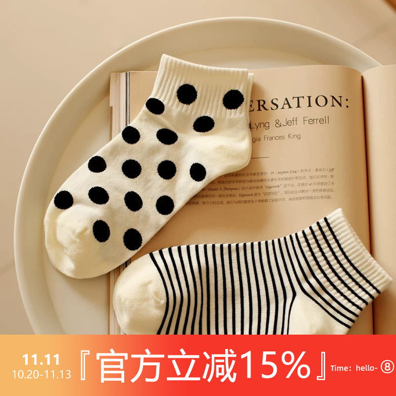夏季黑白系细条纹波点低帮袜子少女学院风字母运动百搭纯棉短筒袜