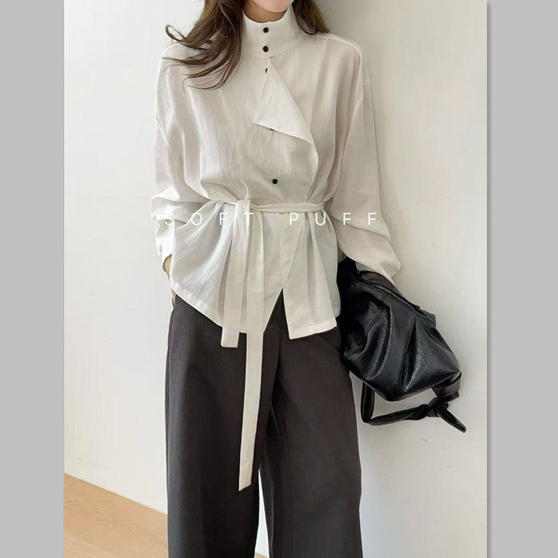 春夏简约通勤风立领系带收腰衬衫女短外套气质设计感长袖短款上衣