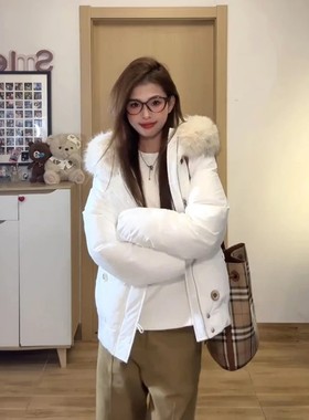 韩系白色大毛领连帽百搭棉服外套女冬季设计感加厚保暖短款面包服
