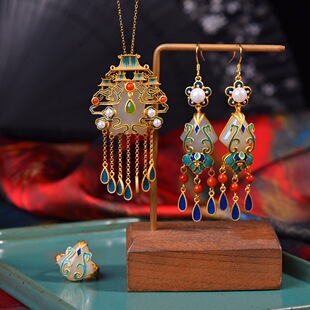 和田玉s925银镶和田玉吊坠耳坠戒指素银多宝宫廷流苏女款复古套装