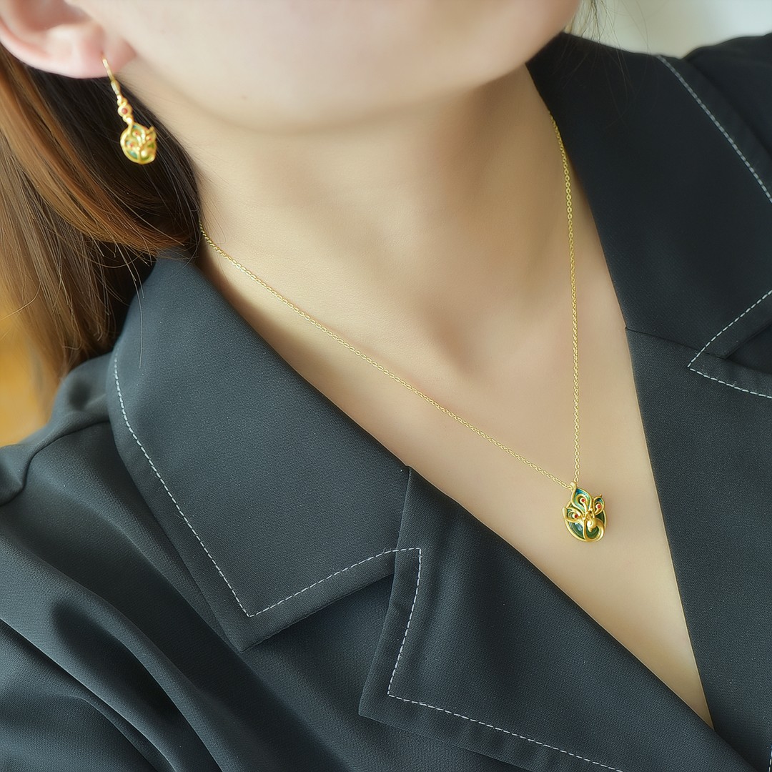 S925银镶嵌和田玉碧玉珐琅套装