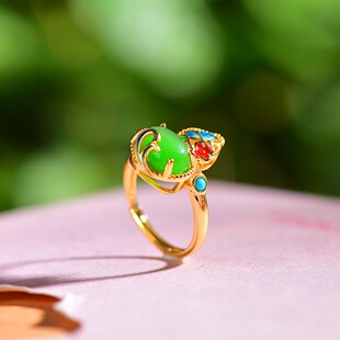 S925银镶嵌和田玉碧玉蛋面珐琅蝶恋花戒指天然和田玉爆款2025新款