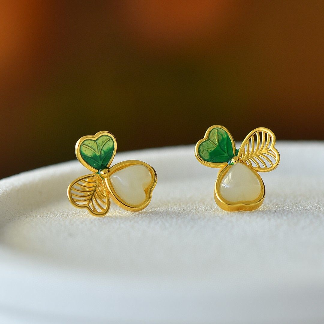 天然和田玉四叶草耳钉女S925纯银古法金小巧精致轻奢玉耳饰新款,珠宝/钻石/翡翠,耳饰,淘宝优惠券,粉丝福利购,淘宝优惠卷