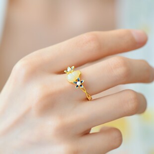 S925银镶和田玉葫芦珐琅配珍珠戒指