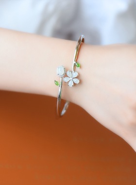 s925银镶和田玉手镯玉石手镯白玉手镯S925银镶和田玉天然开口新款