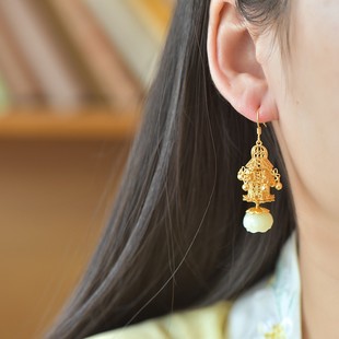 玉石 古法s925銀鑲嵌和田玉蓮蓬燈籠耳墜耳環(huán)耳飾耳釘女士2025爆款