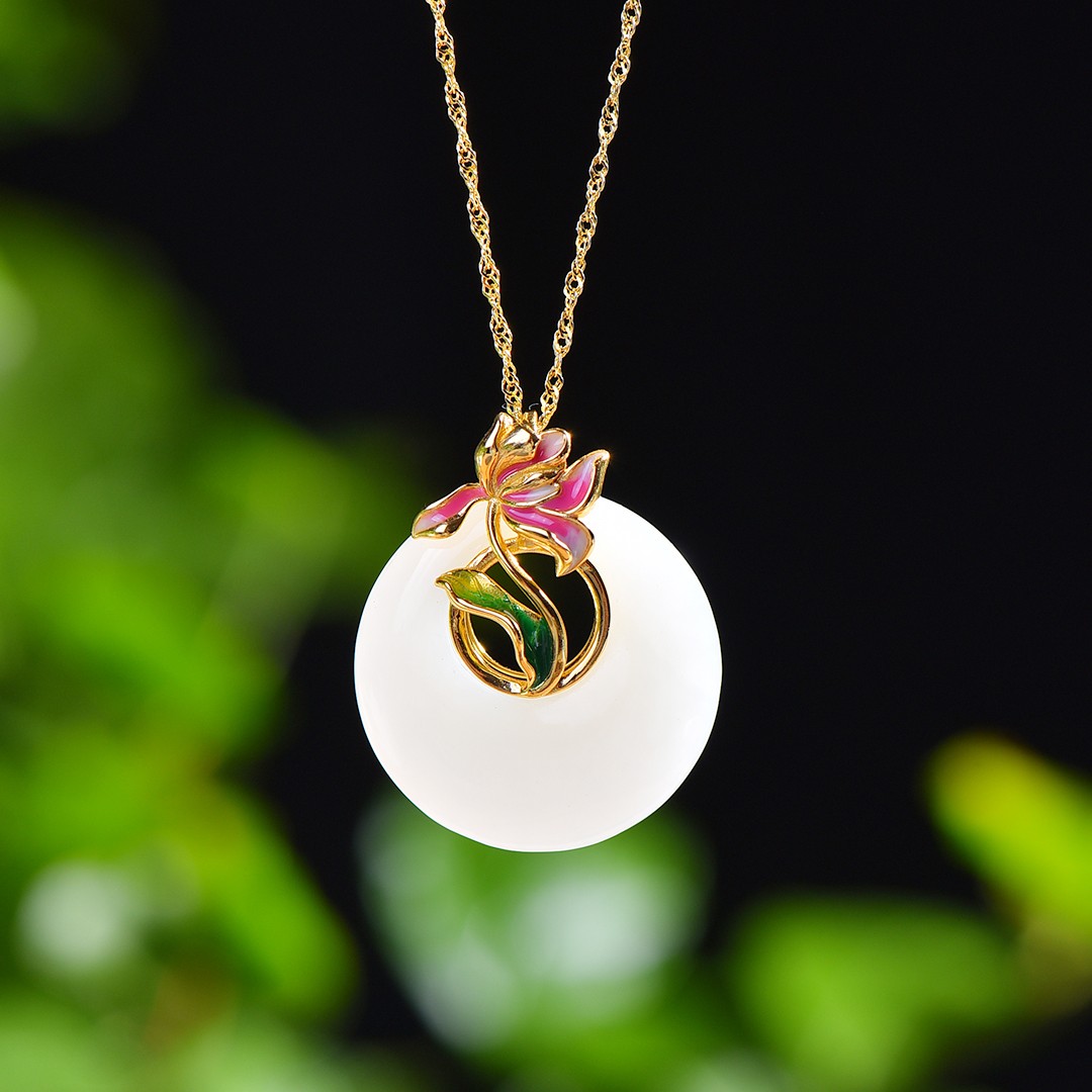 S925银镶嵌和田玉平安扣珐琅吊坠配南红吊坠2025新款