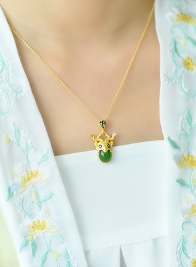 古法银镶嵌和田玉碧玉蛋面珐琅福吊坠26944